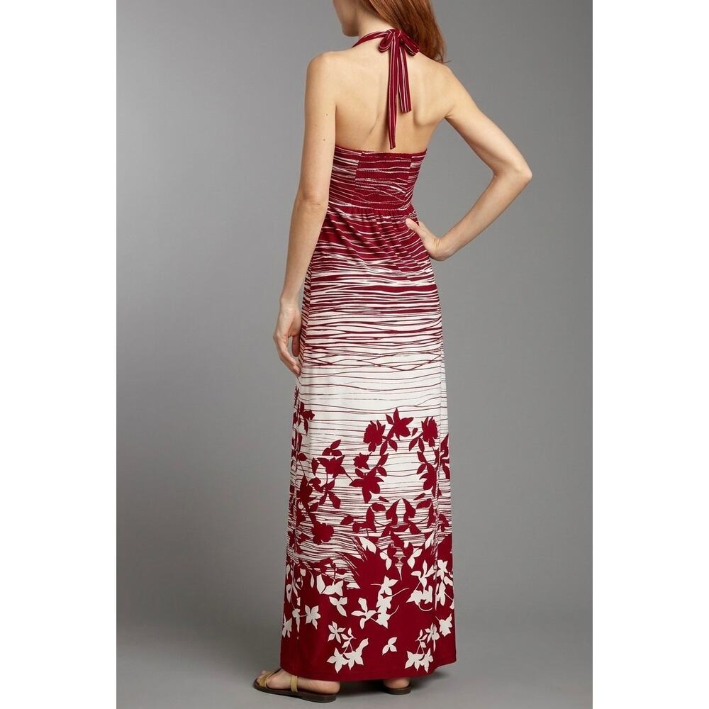 New BCBGMaxazria Women's Red White Floral Pleate Bodice Maxi Halter Dress Size L - Picture 5 of 12